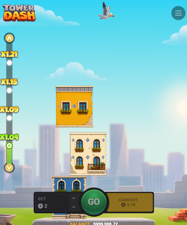 Tower Dash sa cellphone nang patayo na may Go at Cashout