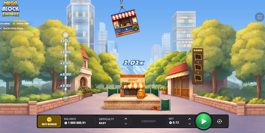 Screen ng MegaBlock Empire na may crane at multiplier