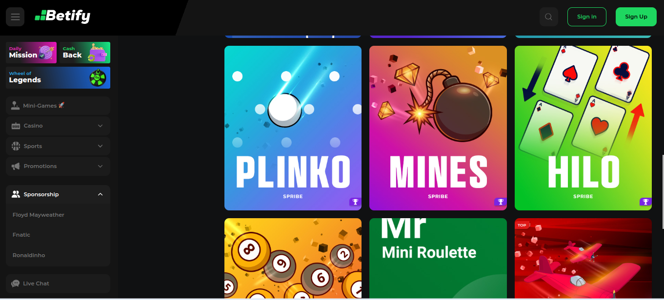 Mga mini game ng Betify Plinko Mines Hilo sa casino