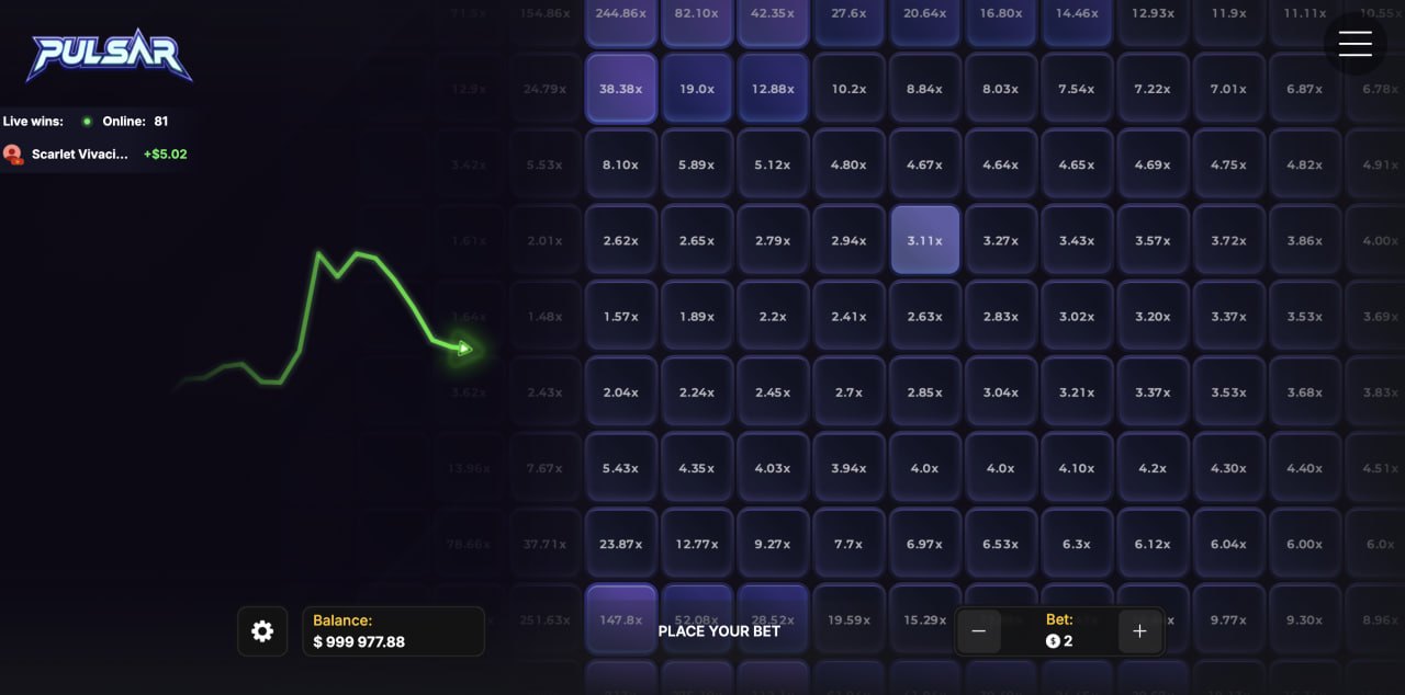 Pulsar review demo casino laro na may lilang grid ng mga cell, multiplier at berdeng landas ng pulso